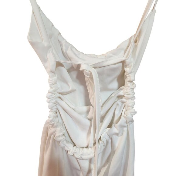 White Ruched Midi Dress With Spaghetti Straps & Open Back Design - Picture 3 of 4